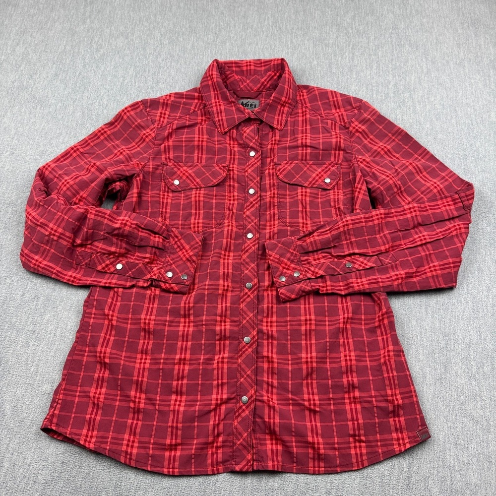 REI Co-op Shirt Womens Small Red Plaid Snap Button Up Hiking Outdoor Western